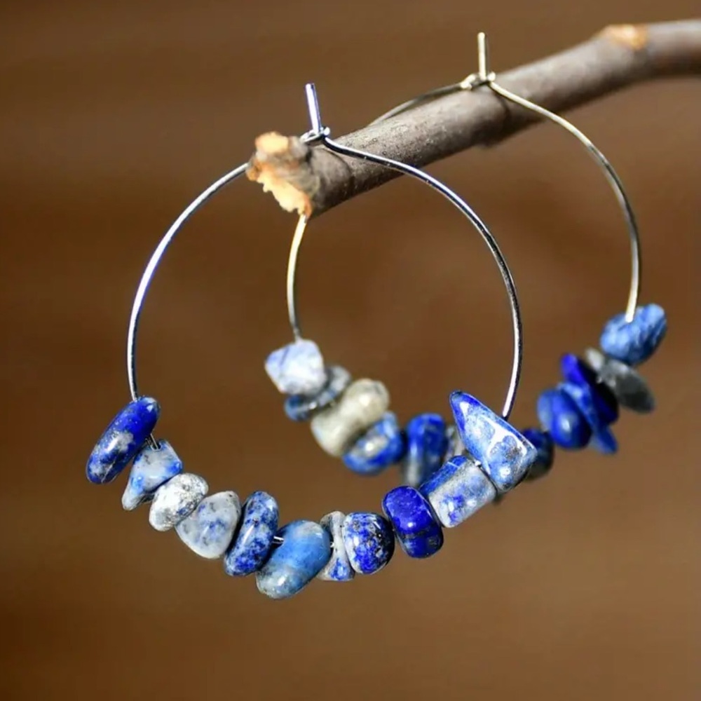 Lapis Lazuli Gemstone Stone Chip Silver Hoop Earrings